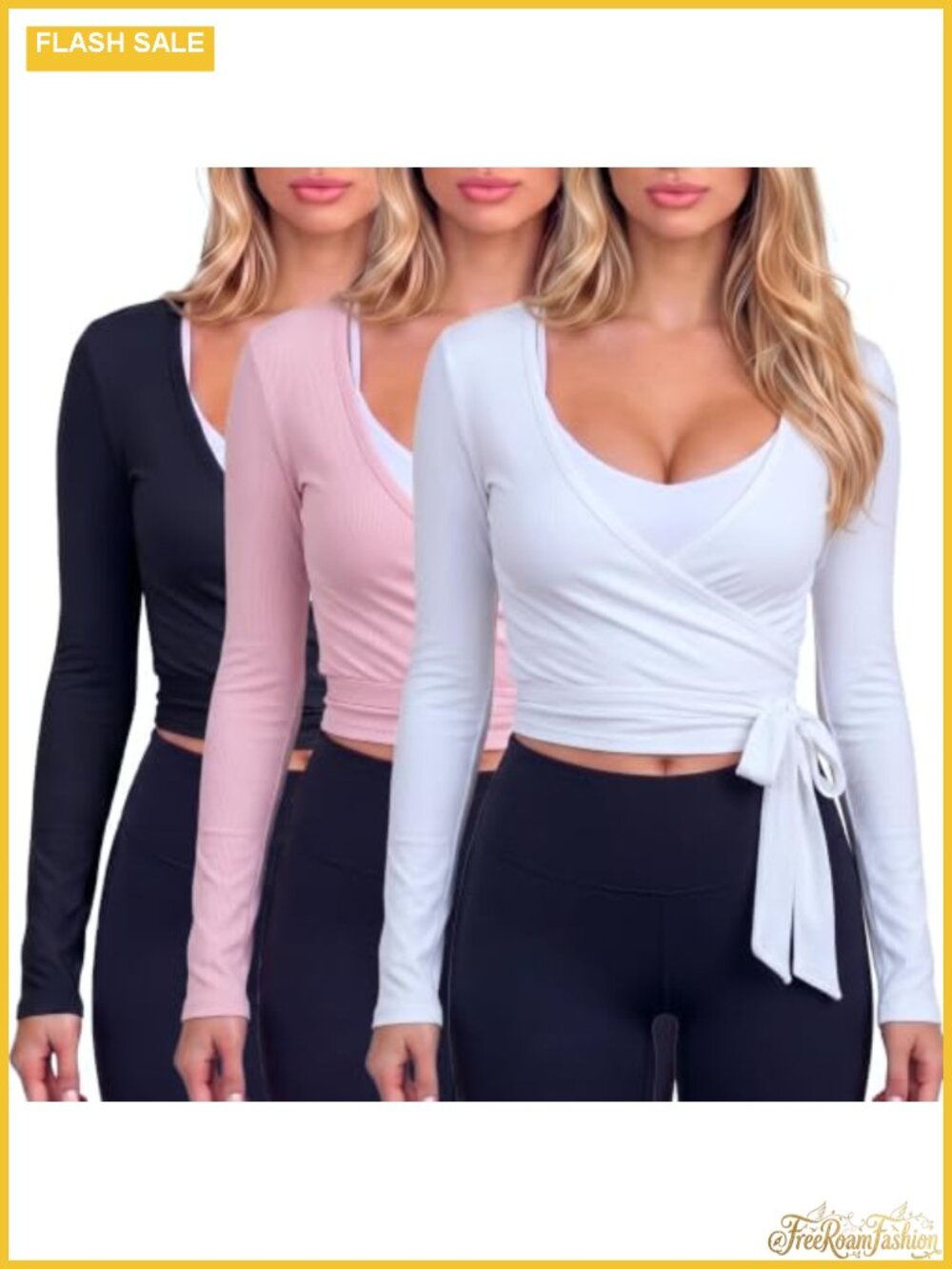 Women Ballet Wrap Top Pack with Tie Front Deep V Neck Long Sleeve